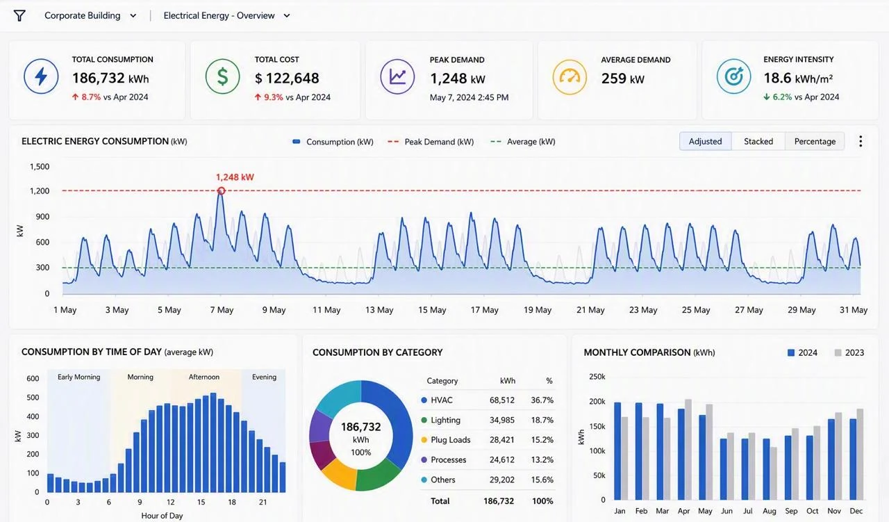 Monthly energy report dashboard showing consumption, cost, peak demand and consumption by category