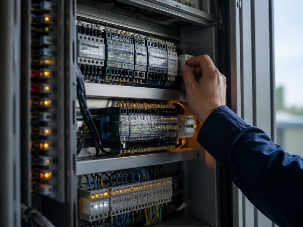 Open building automation control panel with terminal blocks, neat wiring and indicator LEDs, a technician's hand adjusting a component