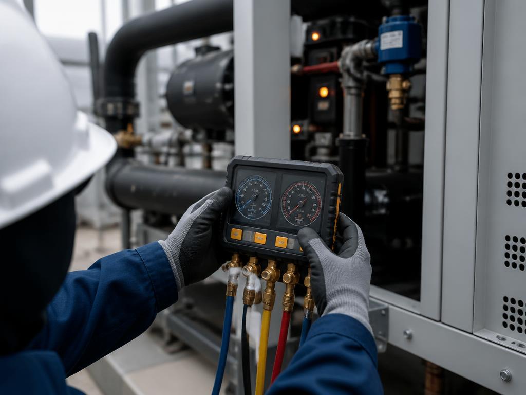 Gloved hands holding a digital manifold gauge in front of a commercial chiller, with insulated piping behind