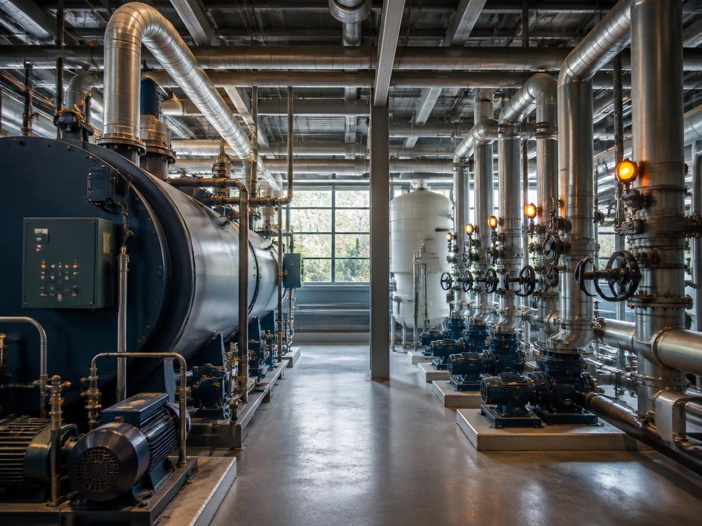 Commercial mechanical room with a boiler, pumps, valves and insulated piping being assessed for replacement and improvement needs