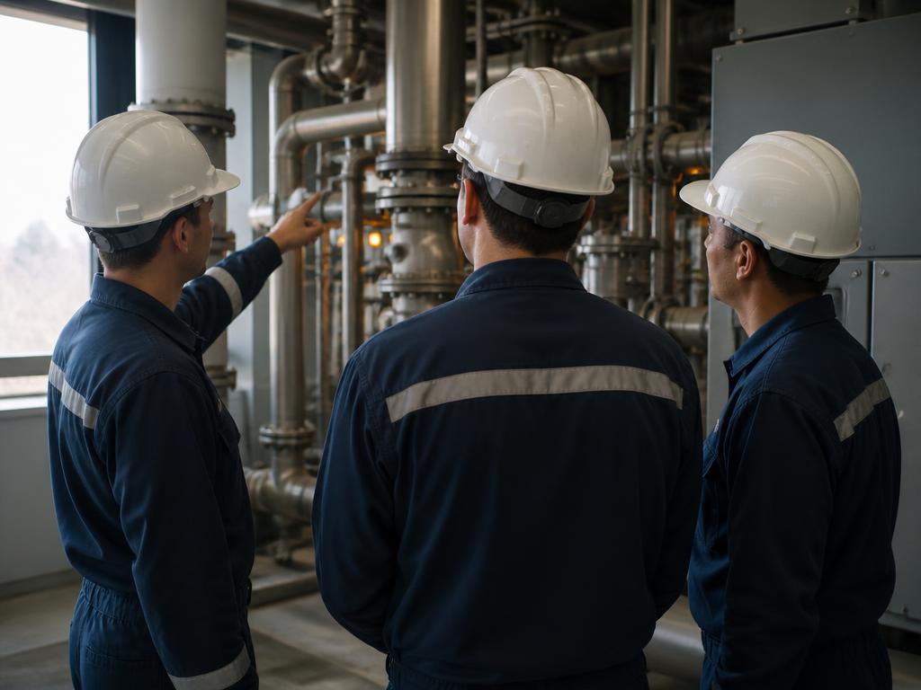 A technician explaining equipment to two colleagues in a mechanical room during on-site training